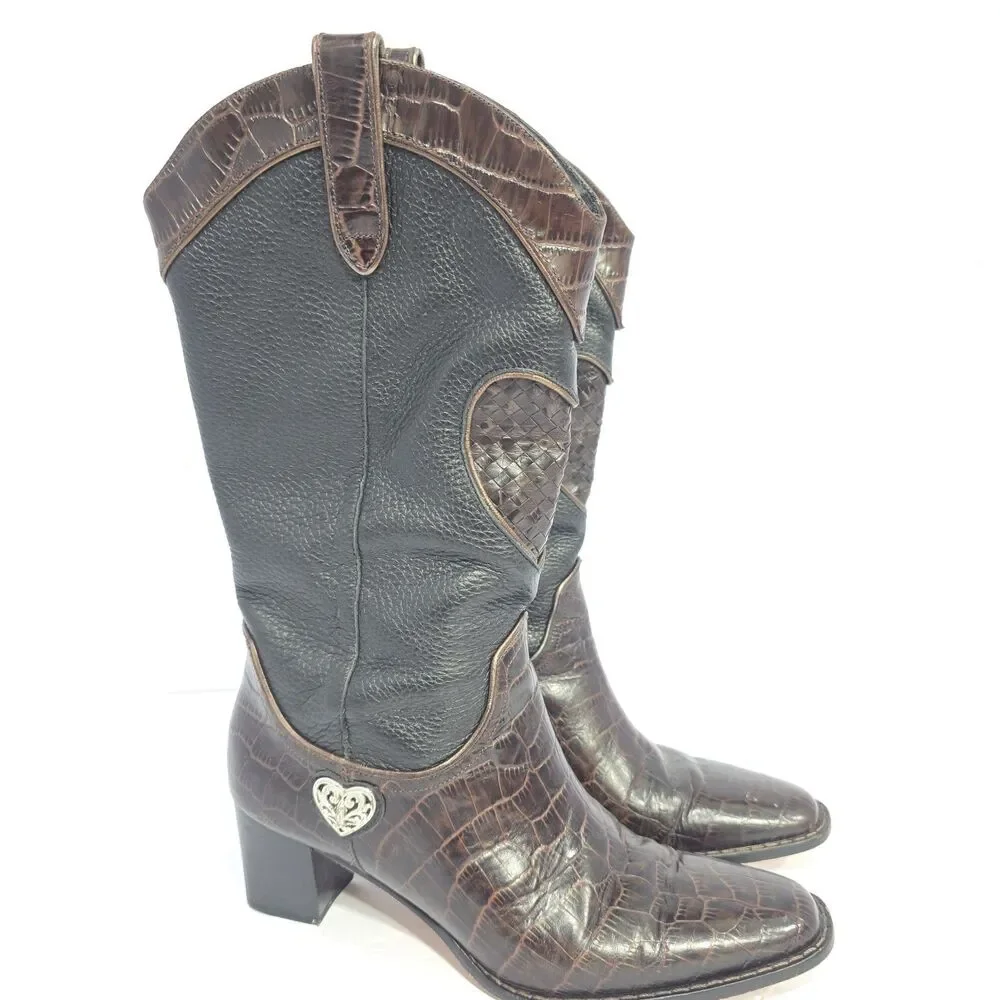 Brighton Women’s Toby Western Boots Sz 7.5 Black Brown Heart Charm Leather NICE!